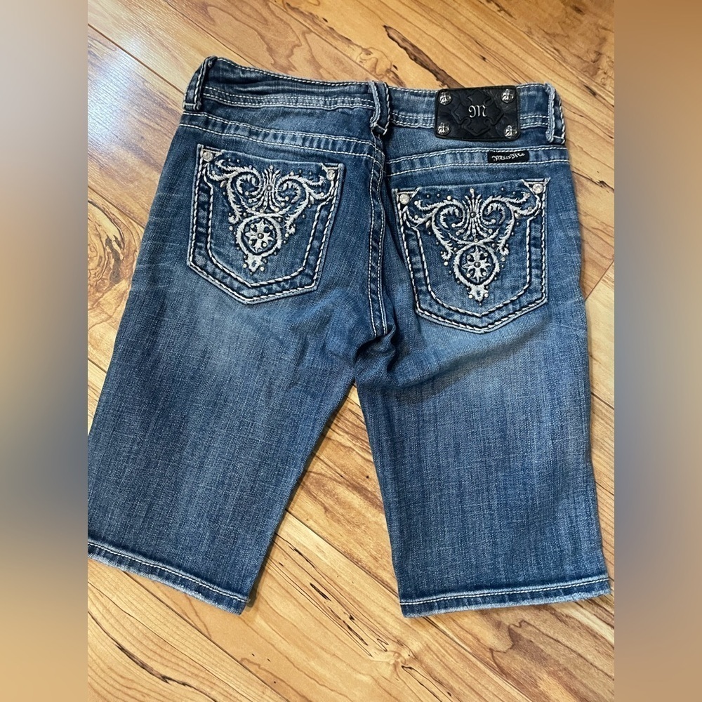 Miss Me Blue Embroidered Denim Bermuda Shorts